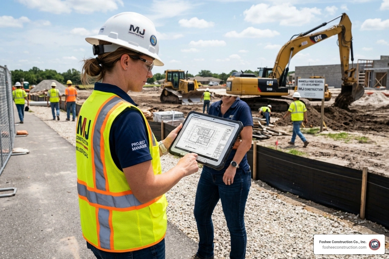 A project manager in Minneola reviewing a digital blueprint on a tablet - advantages of scheduling in construction management