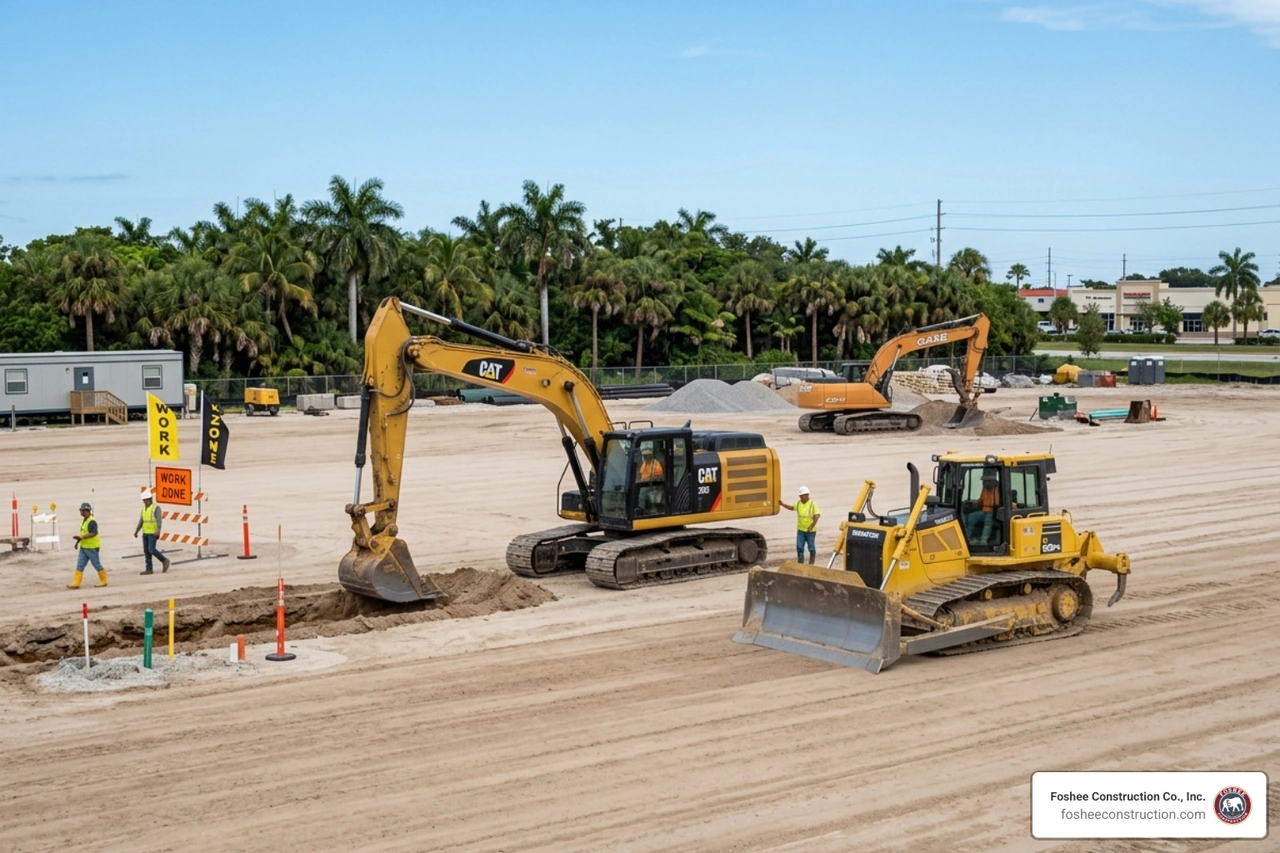 Heavy machinery on a perfectly graded construction site in Florida - advantages of scheduling in construction management