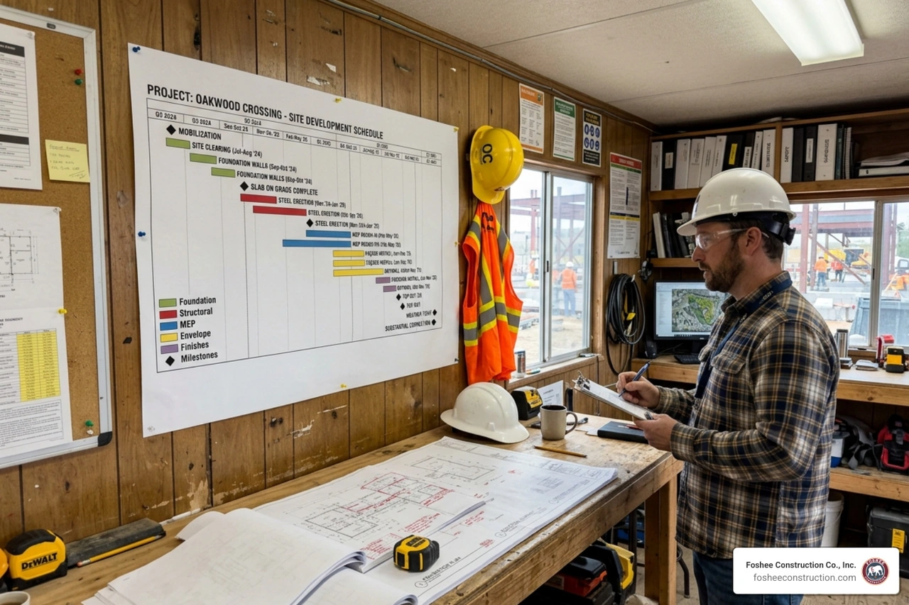 high level project timeline on a jobsite office wall - types of schedules in construction high level project timeline on a jobsite office wall - types of schedules in construction
