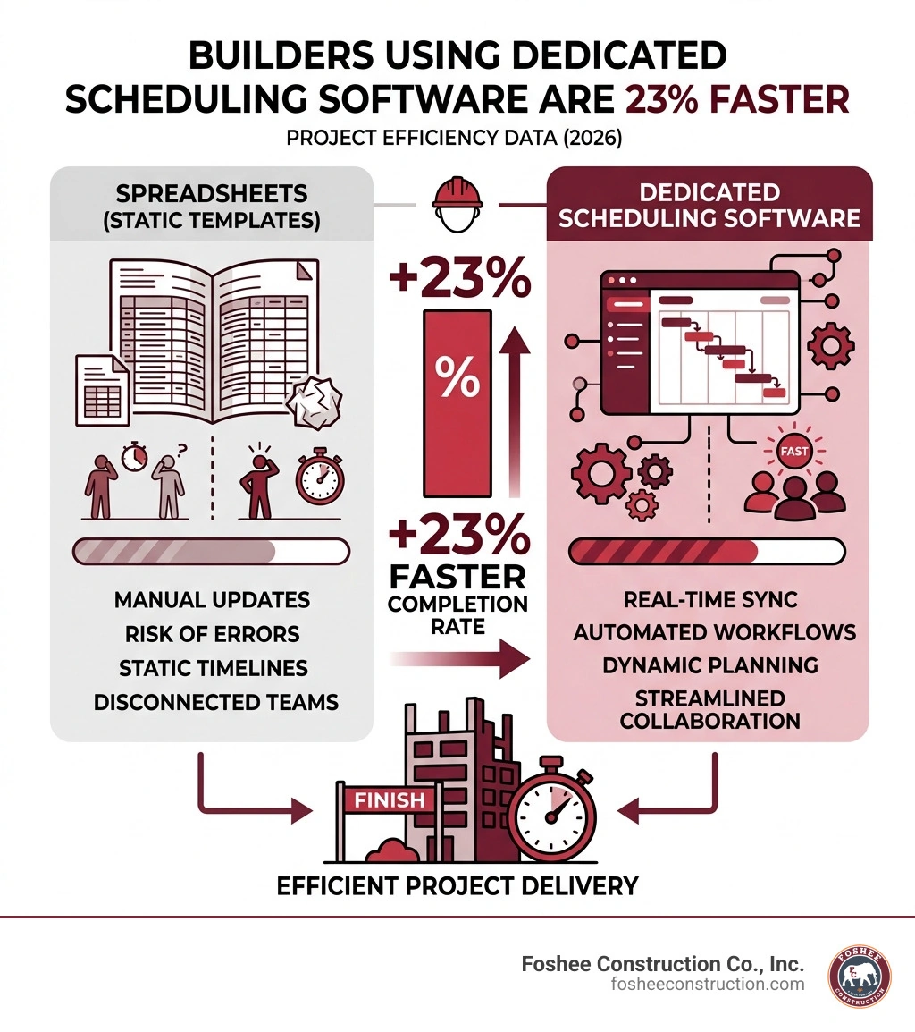 Infographic showing the 23% faster completion rate for builders using dedicated scheduling software versus spreadsheets Infographic showing the 23% faster completion rate for builders using dedicated scheduling software versus spreadsheets