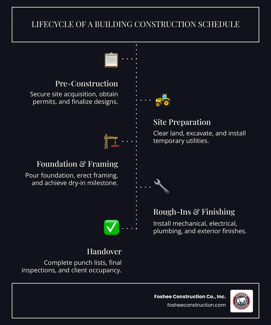 Lifecycle of a building construction schedule from pre-construction through handover with key phases and milestones Lifecycle of a building construction schedule from pre-construction through handover with key phases and milestones
