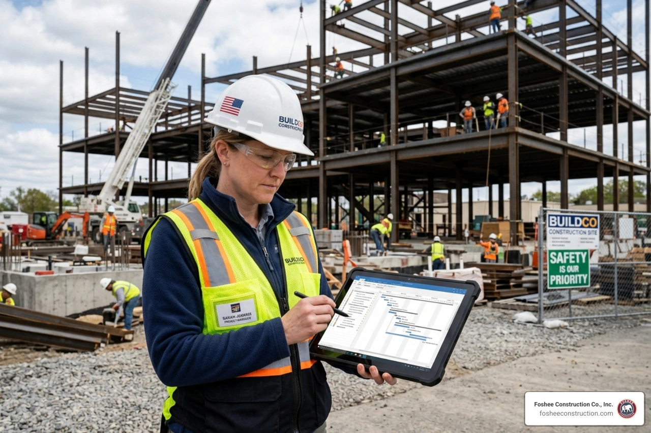 Project manager reviewing a Gantt chart on a digital tablet at a construction site - building construction schedule Project manager reviewing a Gantt chart on a digital tablet at a construction site - building construction schedule