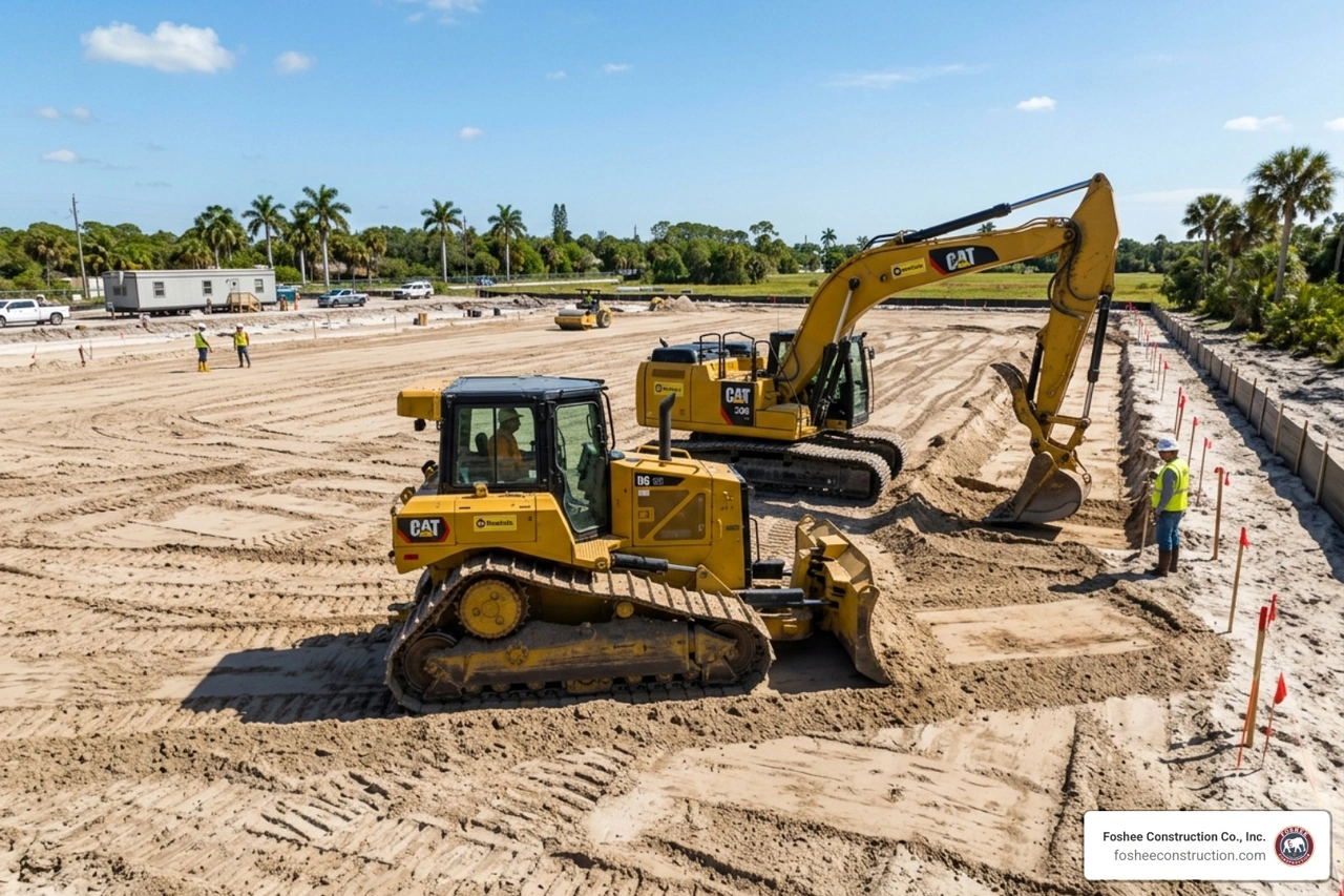 Heavy machinery performing precision site preparation and grading - building construction schedule Heavy machinery performing precision site preparation and grading - building construction schedule
