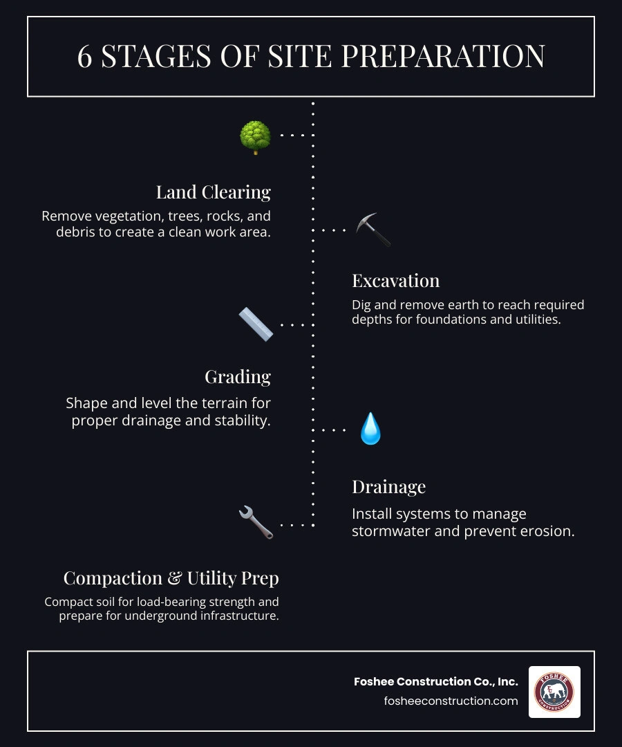 6 stages of the site preparation process infographic showing clearing, excavation, grading, drainage, compaction, and 6 stages of the site preparation process infographic showing clearing, excavation, grading, drainage, compaction, and