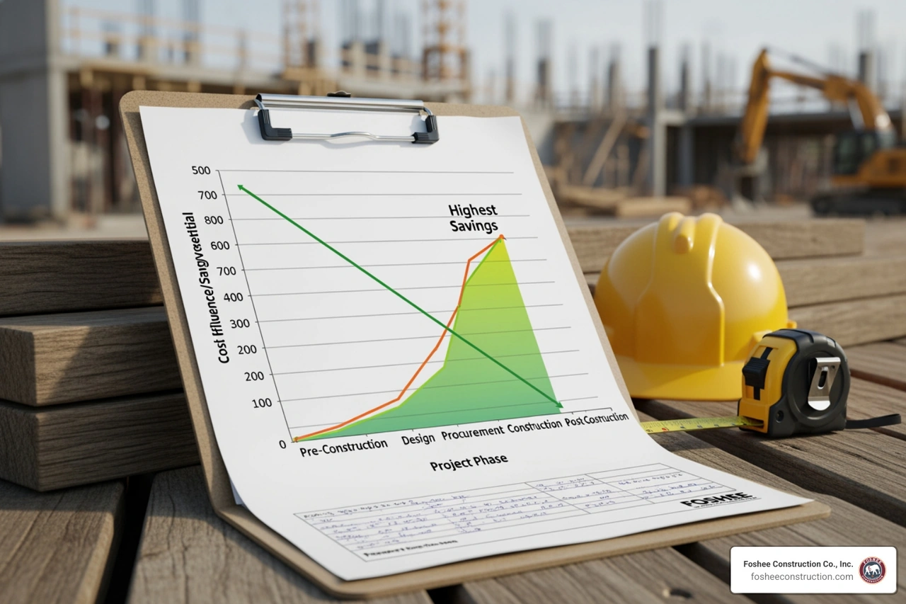 Graph showing construction cost savings over time with highest savings during pre-construction phase Graph showing construction cost savings over time with highest savings during pre-construction phase