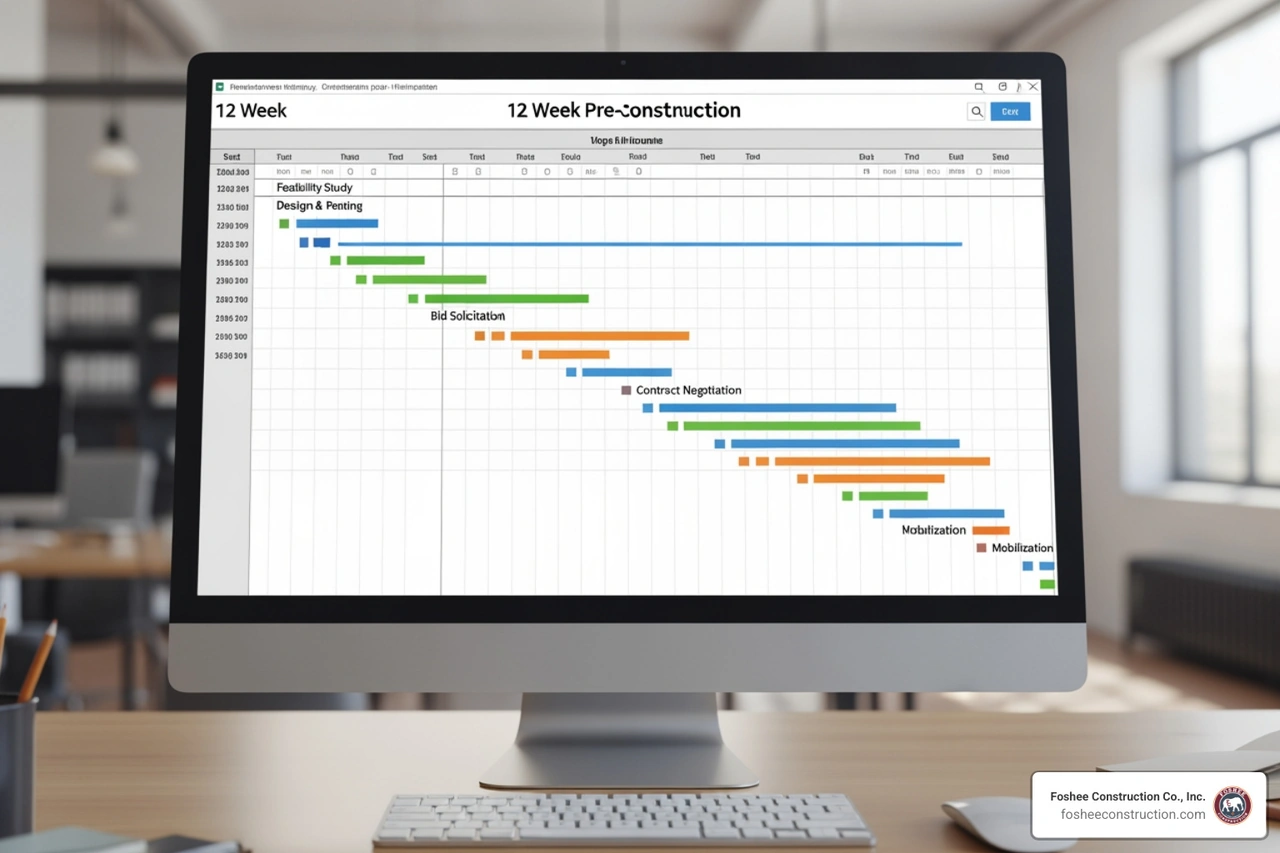 Gantt chart showing 12-week pre-construction timeline from initial meeting to mobilization