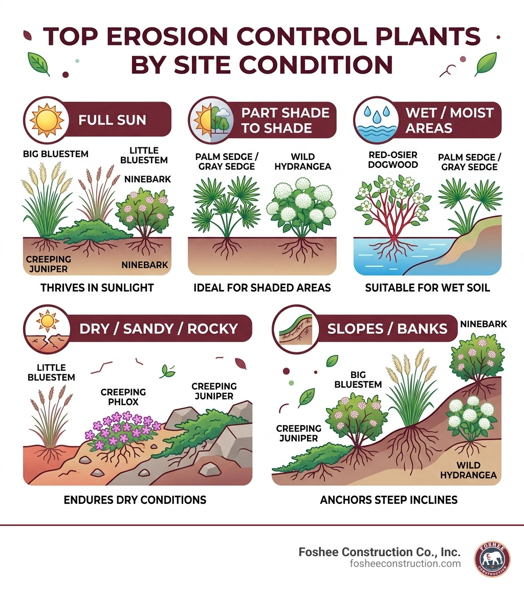 Infographic showing top erosion control plants by site condition: sun, shade, wet, dry, slopes - erosion control plants Infographic showing top erosion control plants by site condition: sun, shade, wet, dry, slopes - erosion control plants