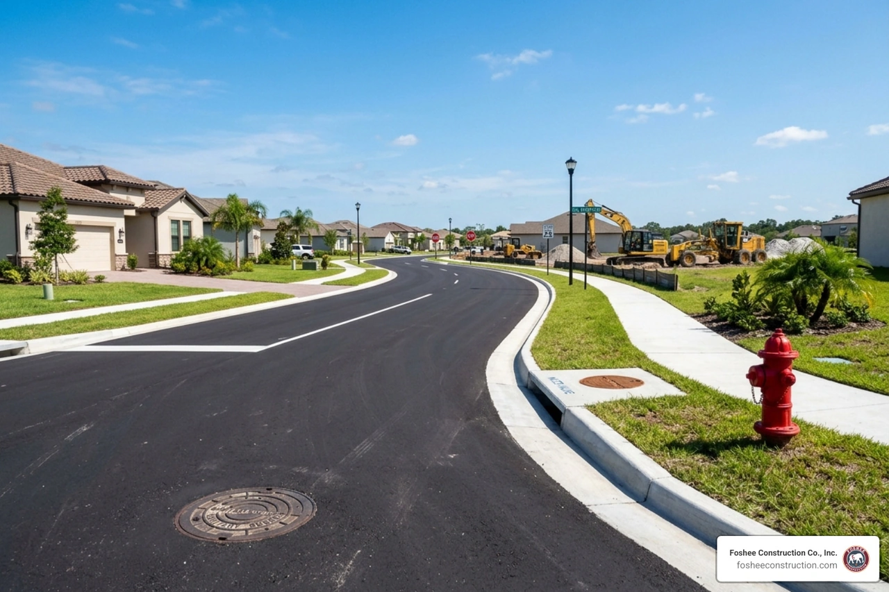 Completed spine road project in Minneola featuring curbs, sidewalks, and utility access - complete site prep Minneola Completed spine road project in Minneola featuring curbs, sidewalks, and utility access - complete site prep Minneola