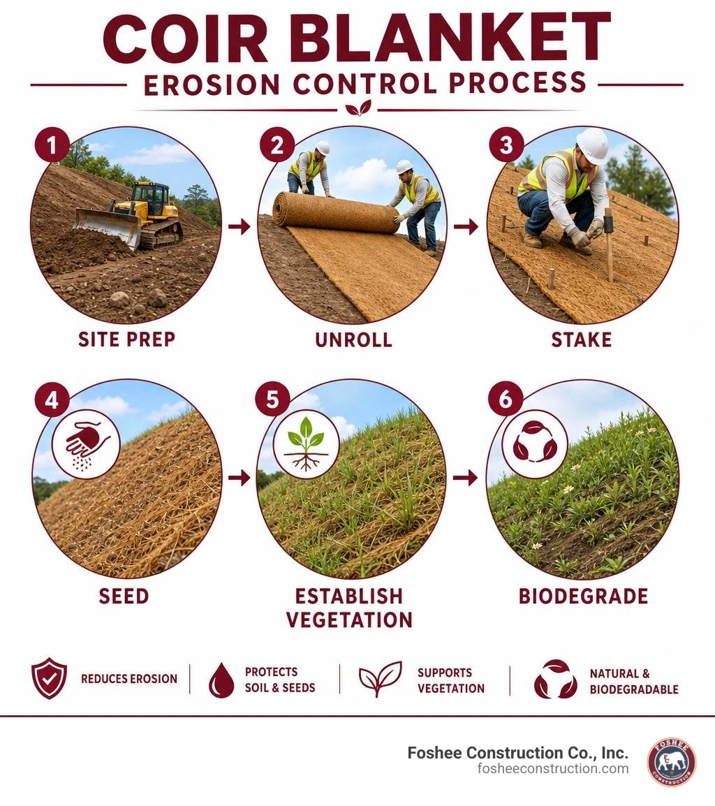 Coir blanket erosion control process: site prep, unroll, stake, seed, establish vegetation, biodegrade infographic