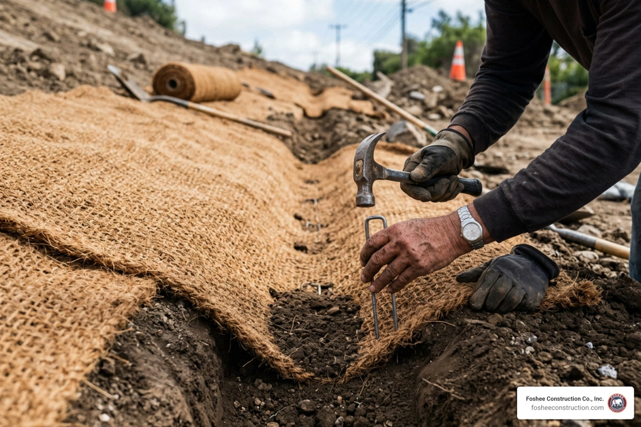 Contractor securing coir blanket with landscape staples in anchor trench