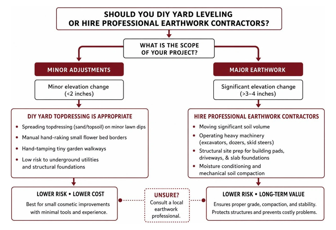 Decision flowchart for choosing DIY yard topdressing versus hiring professional heavy earthwork contractors