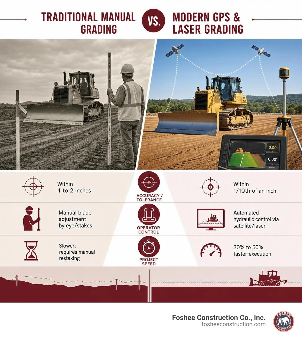 Comparison of traditional manual earthmoving vs modern GPS laser grading systems infographic