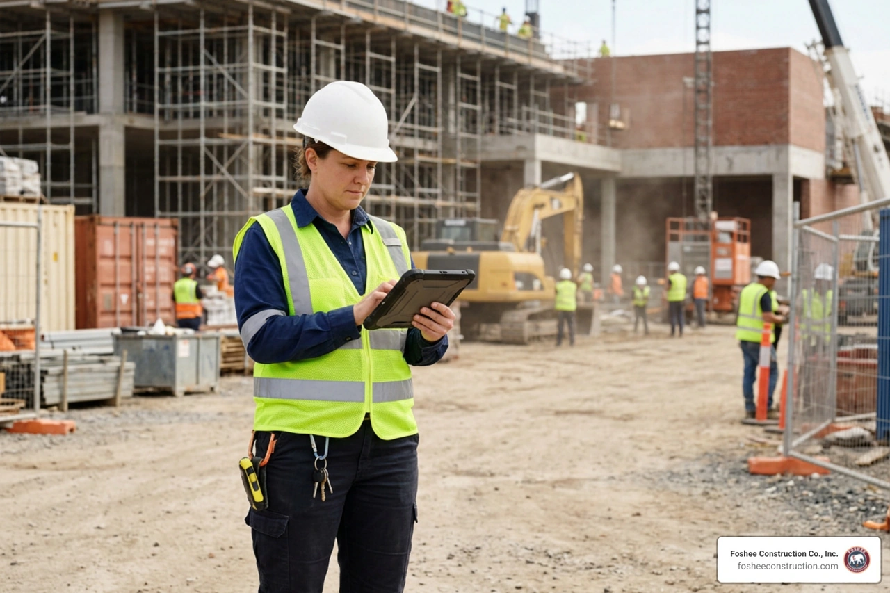 Auditor utilizing a mobile digital application to record safety compliance data on jobsite tablet Auditor utilizing a mobile digital application to record safety compliance data on jobsite tablet