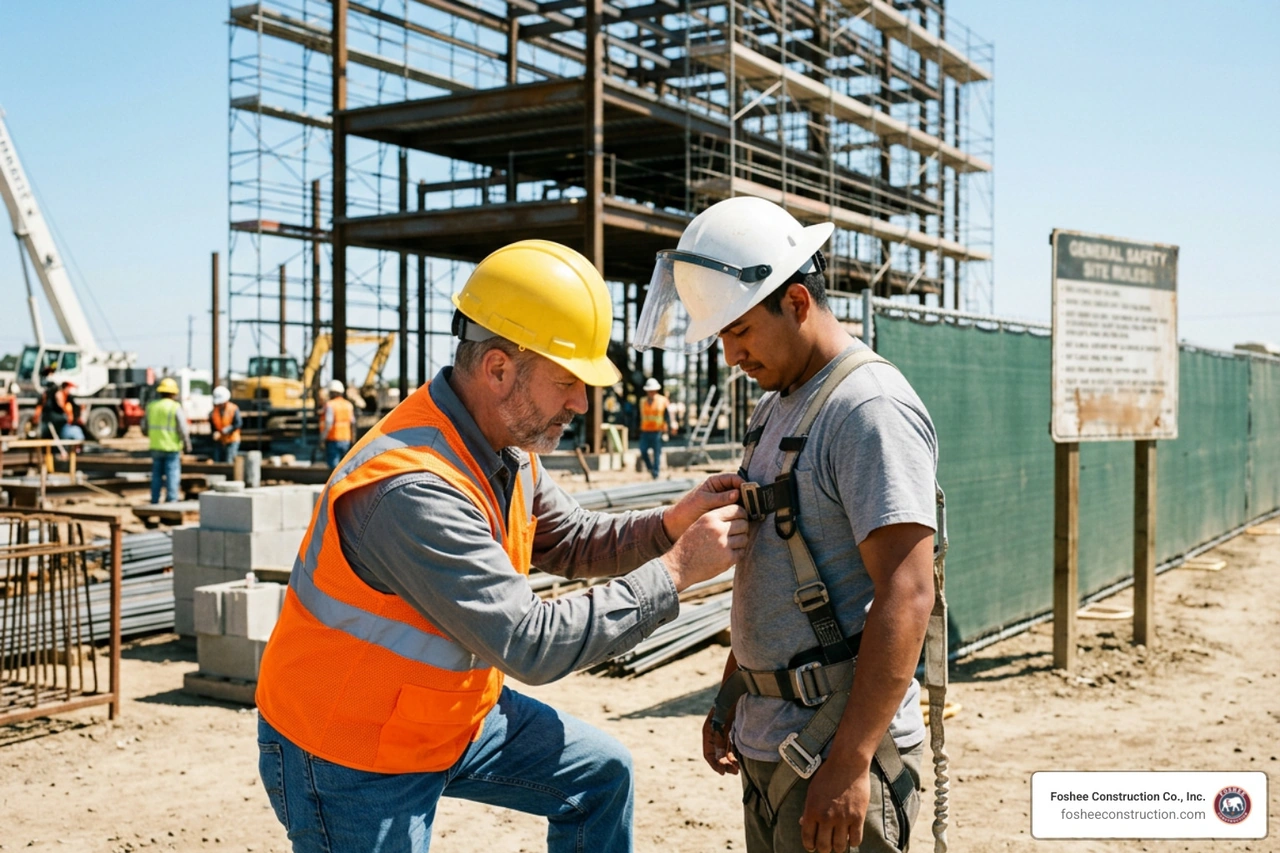 Construction safety auditor evaluating personal protective equipment and fall arrest systems on jobsite Construction safety auditor evaluating personal protective equipment and fall arrest systems on jobsite