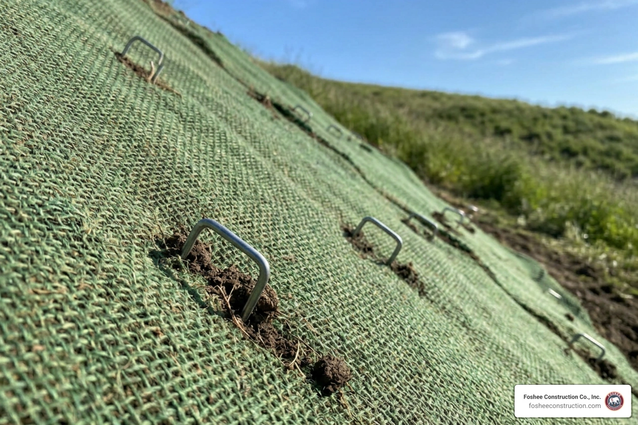 Landscape staples securing an erosion control blanket on a sloped grade