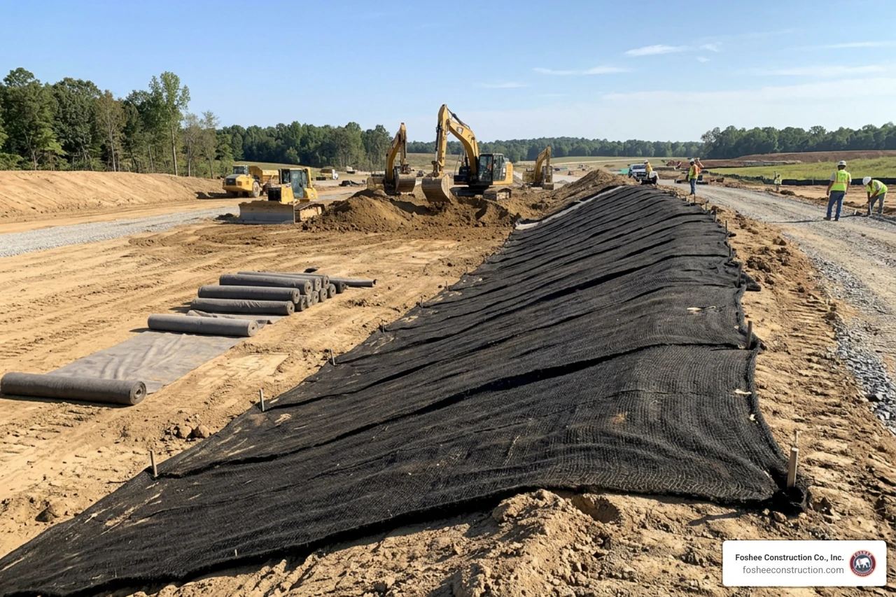 Commercial construction site utilizing heavy-duty erosion prevention matting
