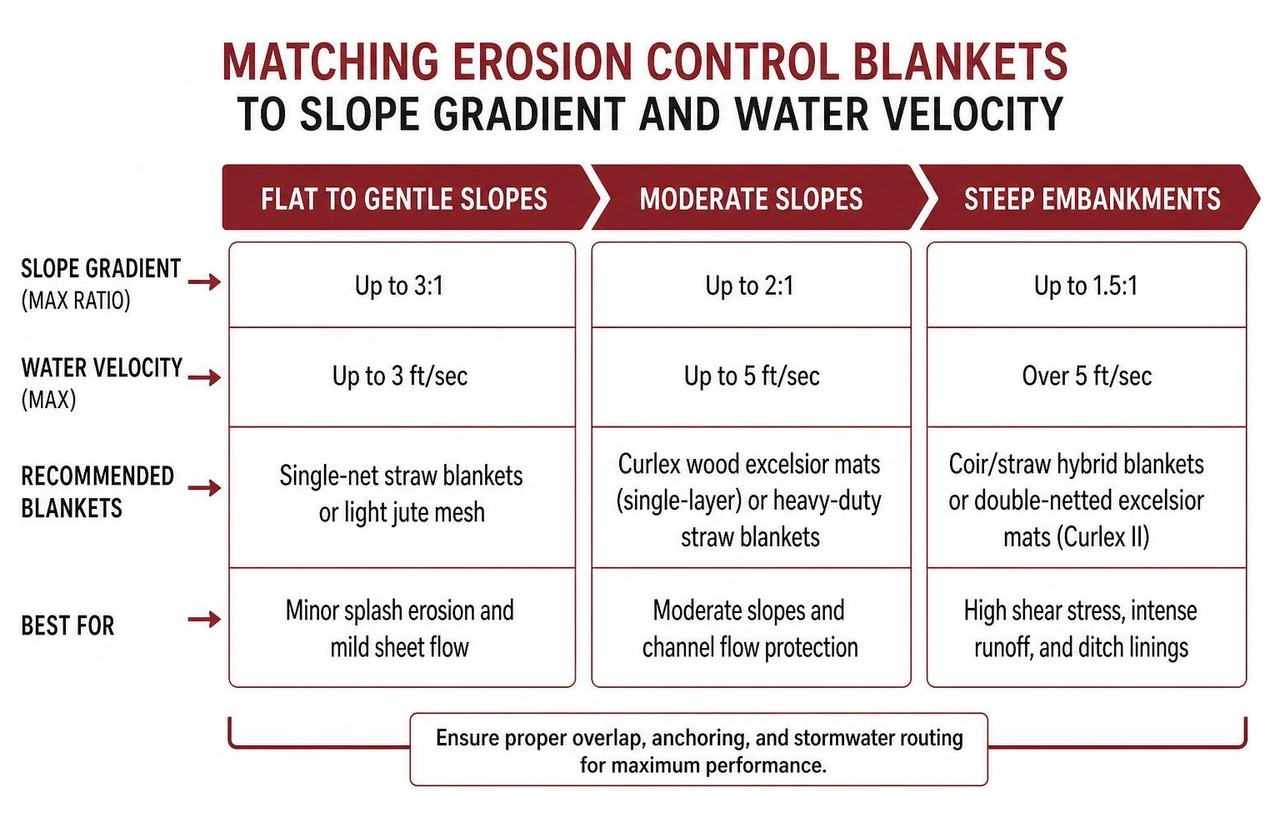 Matching erosion control blankets to slope gradient and water velocity