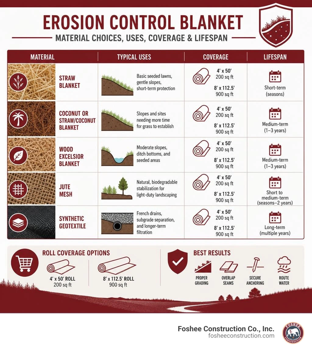 Erosion control blanket material choices, typical uses, coverage, and lifespan infographic