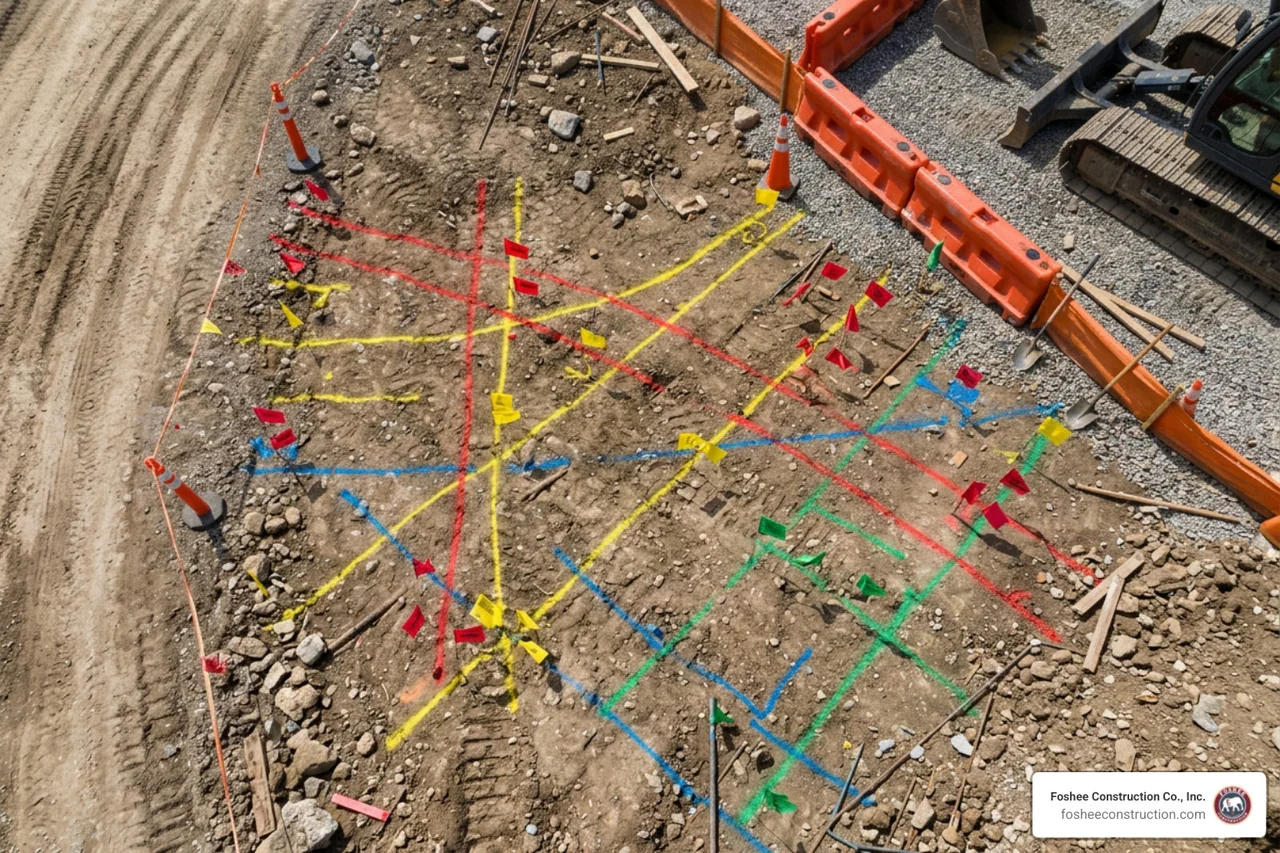 Underground utility line locator markings spray painted on jobsite ground