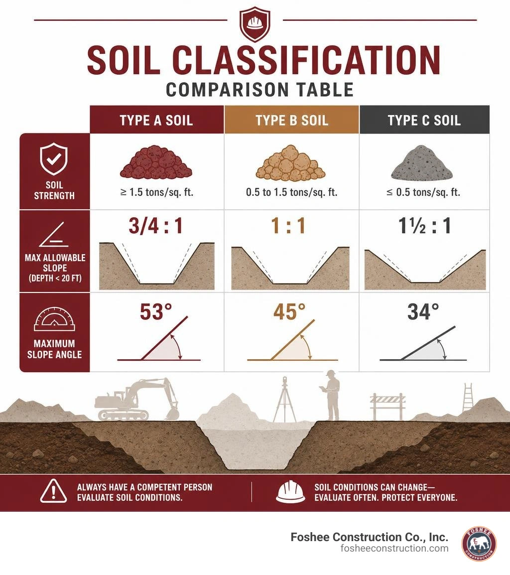 Soil classification comparison table showing Type A, Type B, and Type C maximum allowable slopes infographic