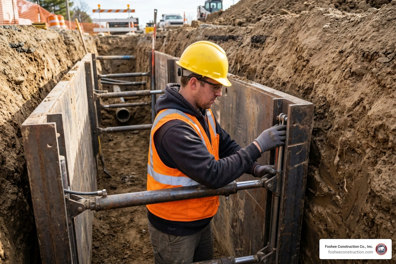Worker safely installing hydraulic shoring inside a utility trench