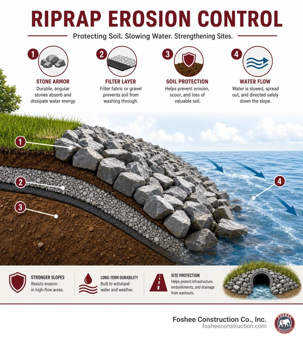 Riprap erosion control showing stone armor, filter layer, soil protection, and water flow infographic