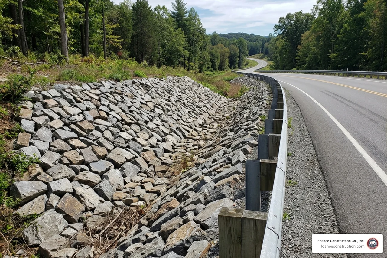 Riprap ditch lining protecting a roadway edge