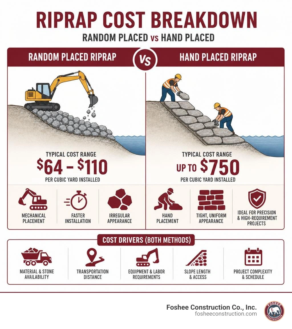 Cost breakdown comparison between random placed riprap vs hand placed riprap infographic