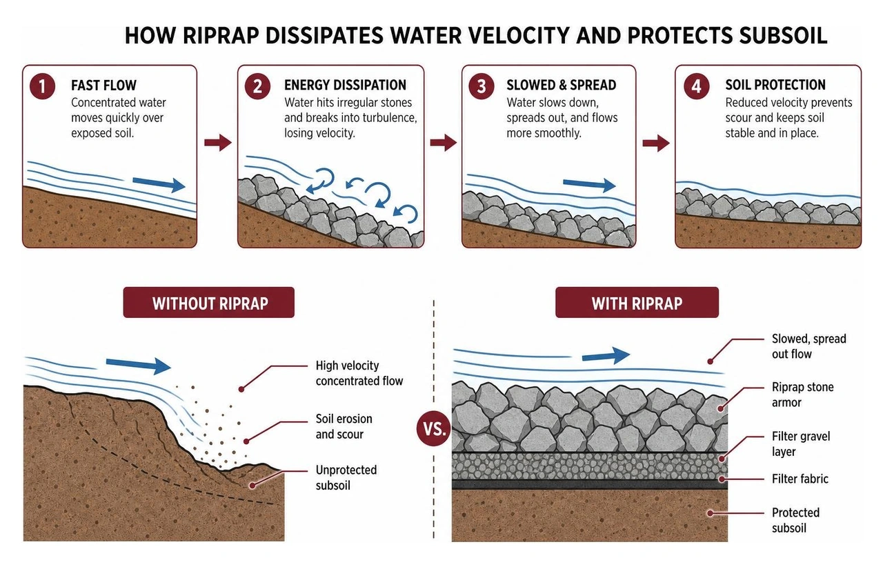 How riprap dissipates water velocity and protects subsoil