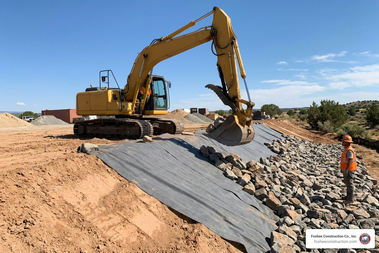 Riprap installation showing excavators placing rock on filter cloth