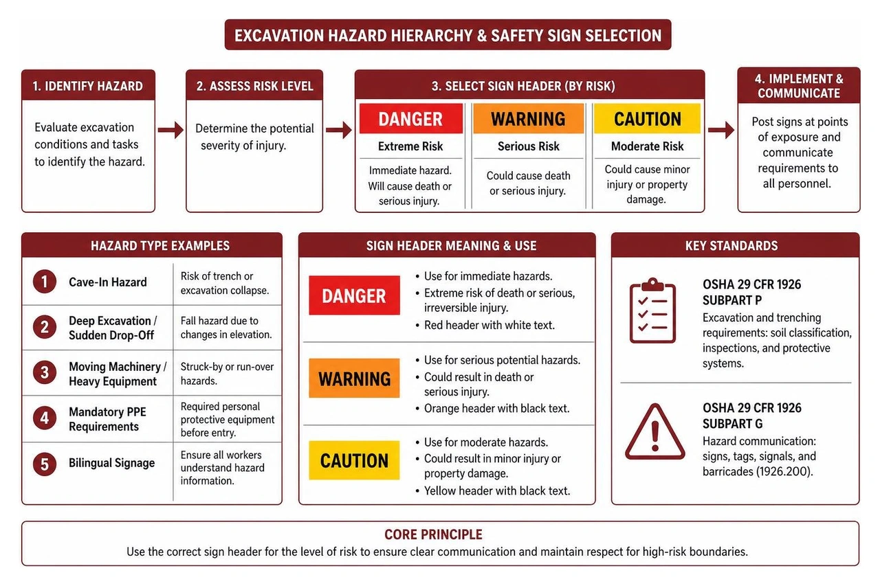 Overview of excavation hazard hierarchy and safety sign selection