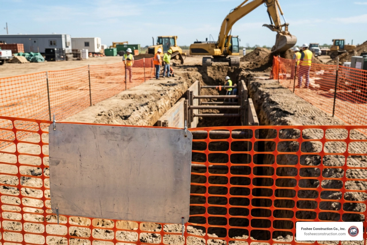 Durable aluminum excavation safety sign mounted on trench perimeter fencing
