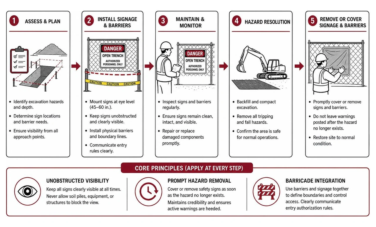 Excavation safety signage installation and barrier workflow
