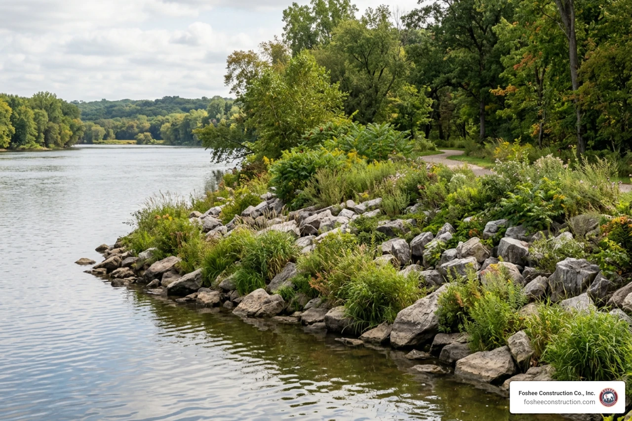 Vegetated riprap and bioengineered revetment along a shoreline