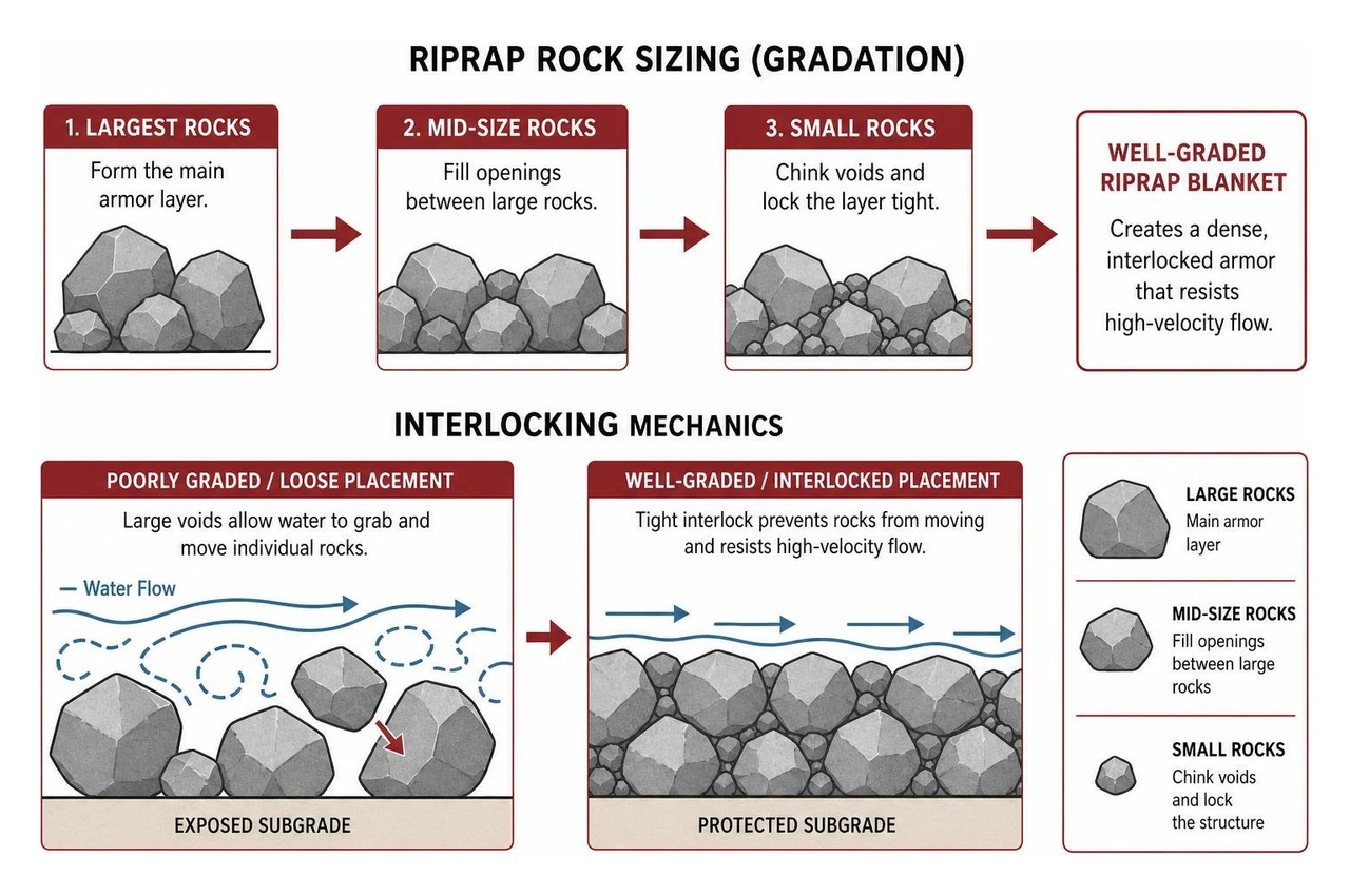 Riprap rock sizing and interlocking mechanics diagram