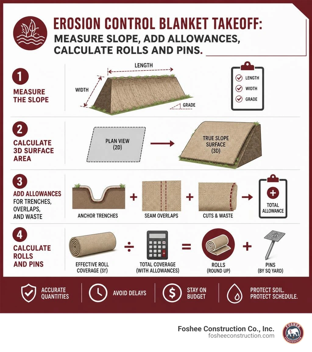 Erosion control blanket takeoff: measure slope, add allowances, calculate rolls and pins infographic