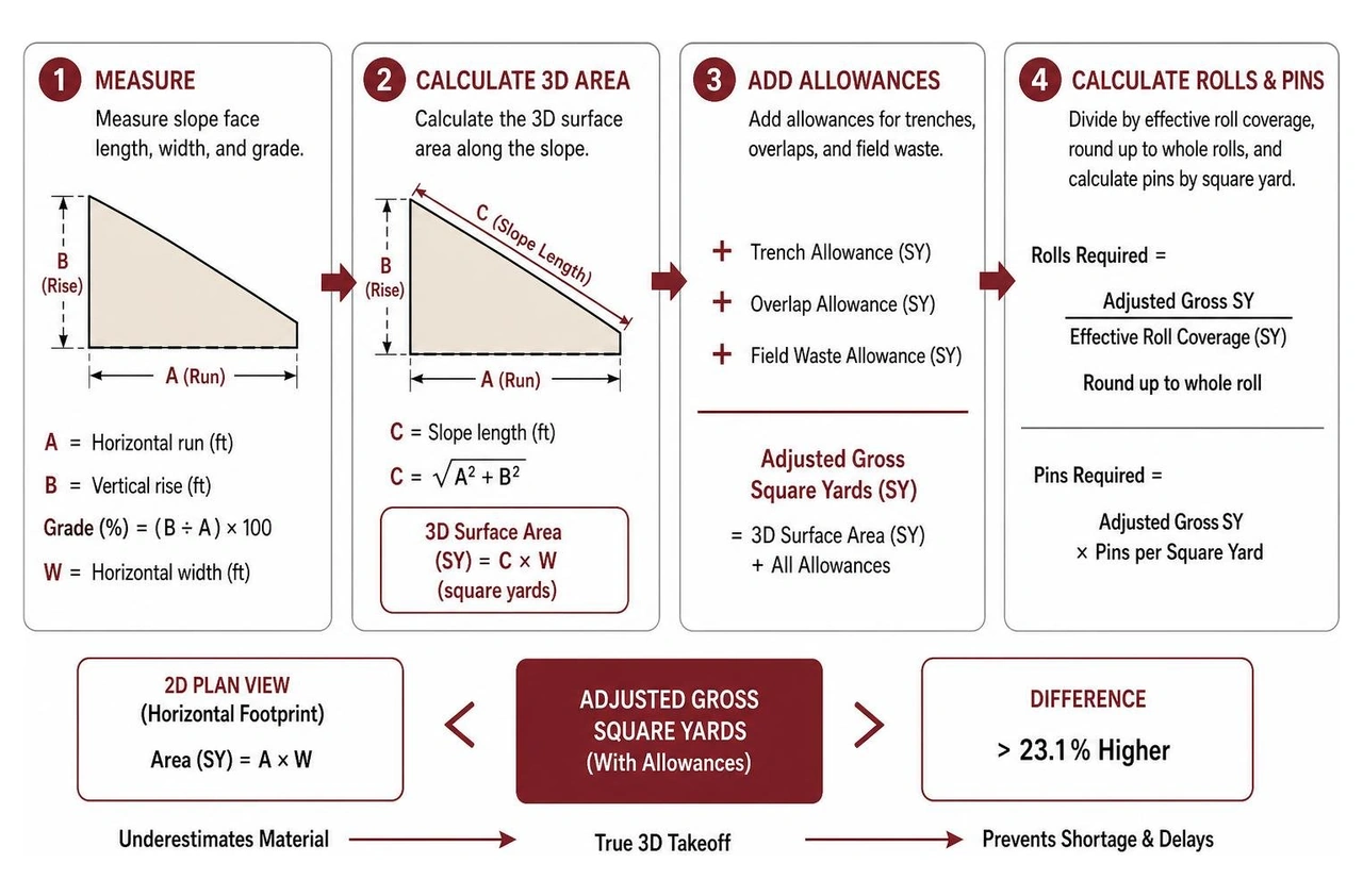 Step by step mathematical calculation process from 2D footprint to adjusted gross square yards