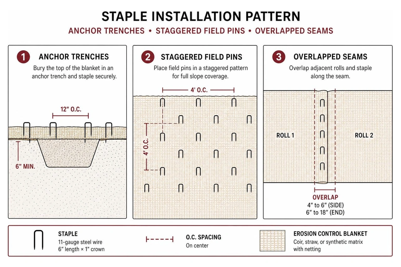 Staple installation pattern showing anchor trenches, staggered field pins, and overlapped seams