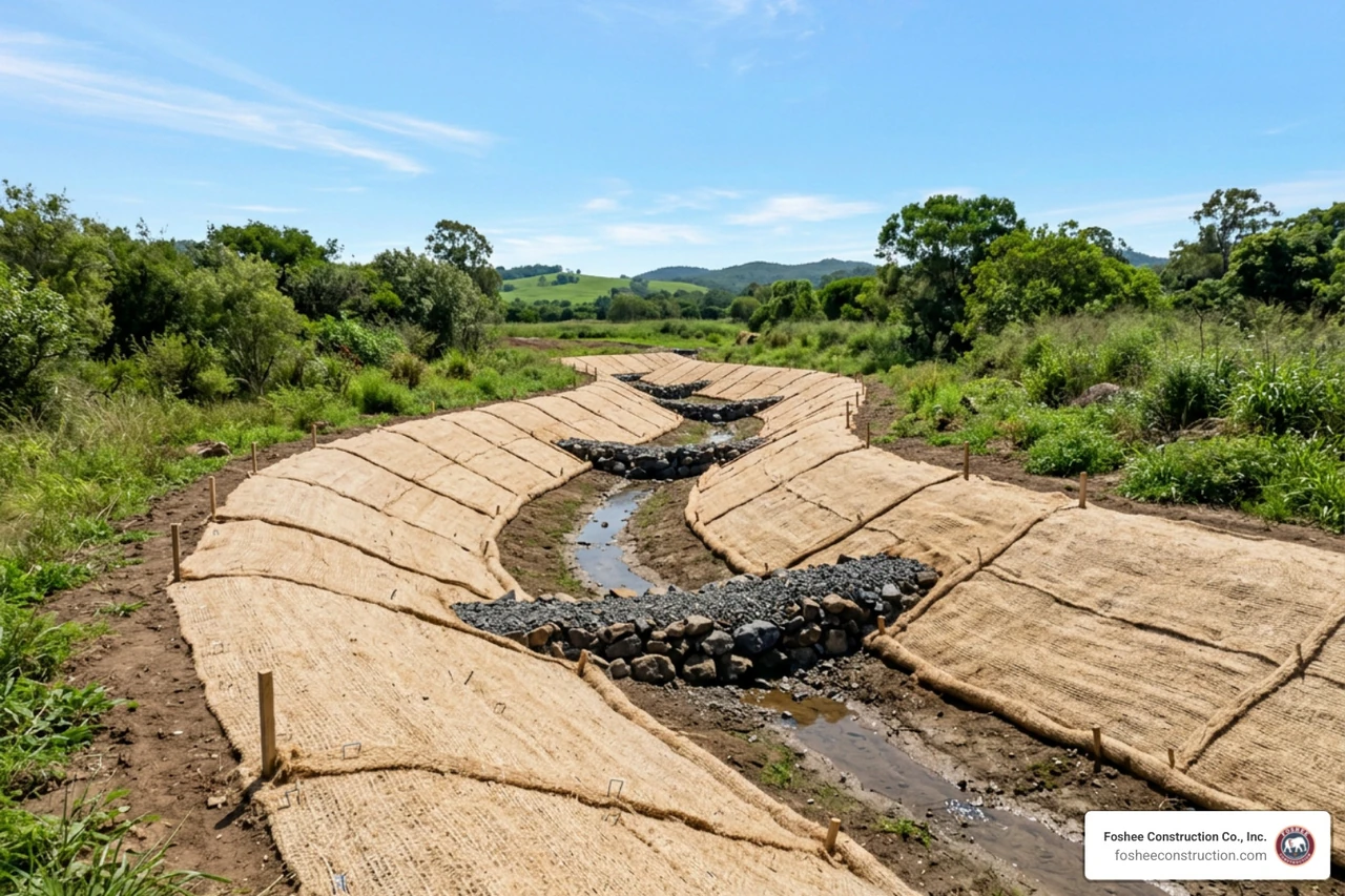 Rolled erosion control blankets installed along a curved drainage channel with check dams