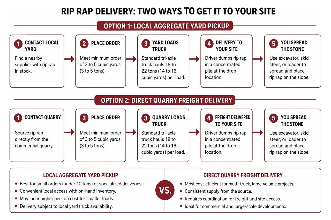 Process flowchart comparing local aggregate yard pickup versus direct quarry freight delivery