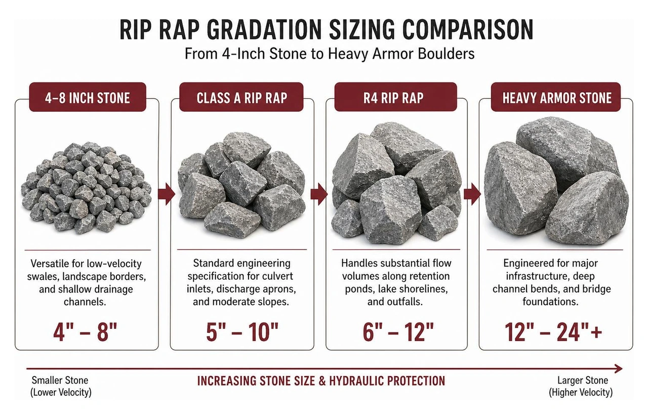 Rip rap gradation sizing comparison from 4-inch stone to heavy armor boulders