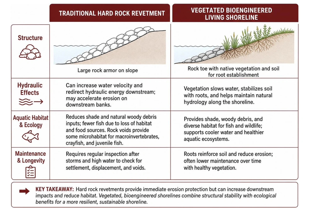 Comparison of traditional hard rock revetment versus vegetated bioengineered living shoreline