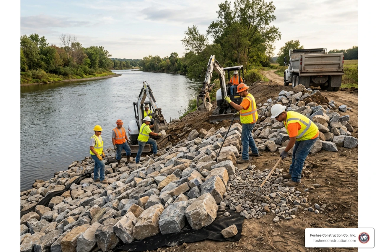 heavy machinery placing graded rock over geotextile filter fabric