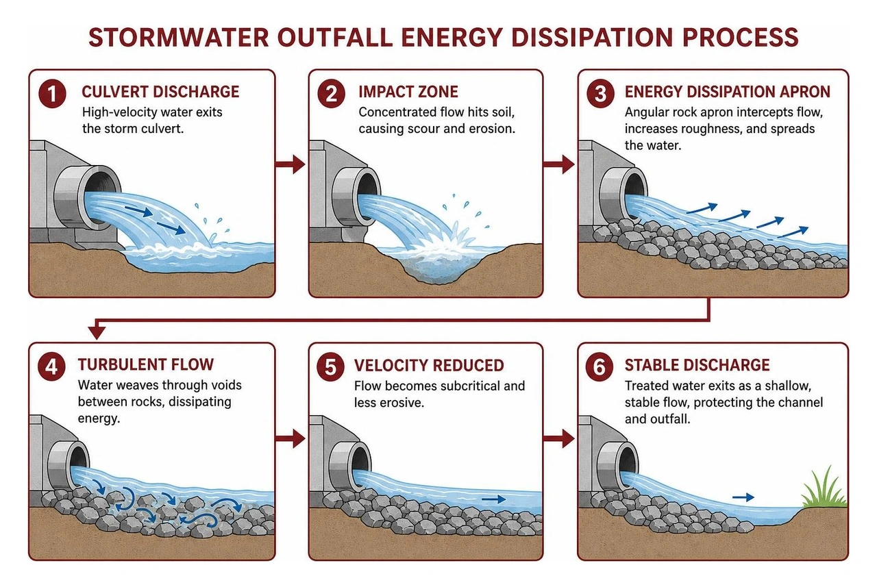 Stormwater outfall energy dissipation process from culvert discharge to stone apron