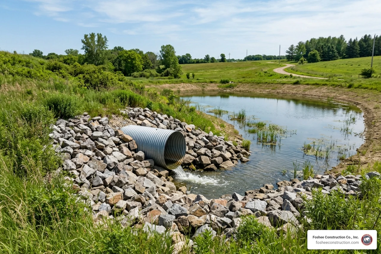 angular rock armoring around a stormwater detention basin outfall