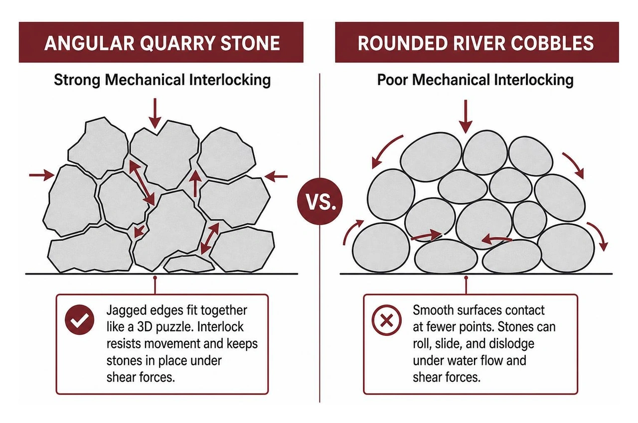Comparison of mechanical interlocking in angular quarry stone versus rounded river cobbles