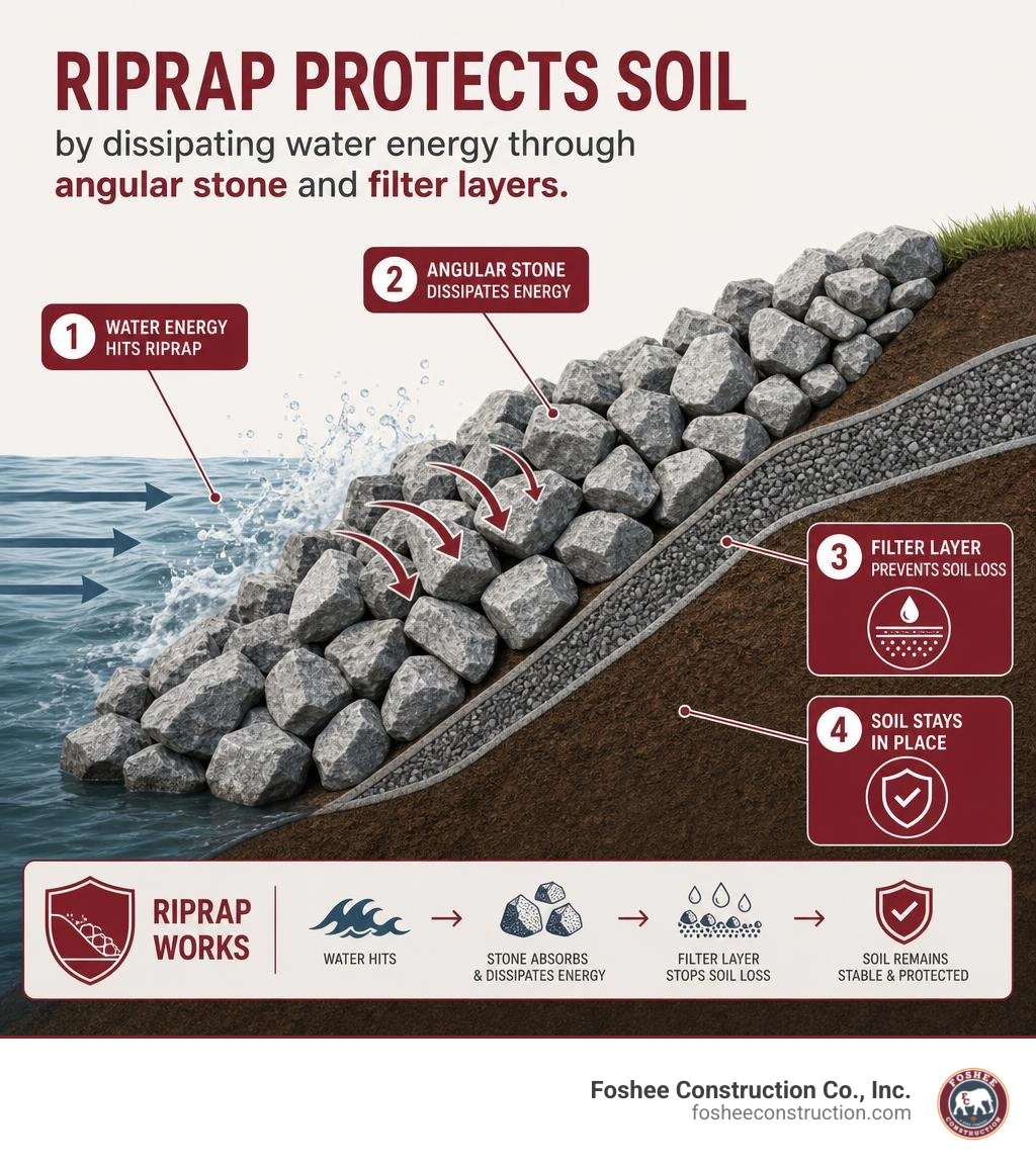 Riprap protects soil by dissipating water energy through angular stone and filter layers infographic