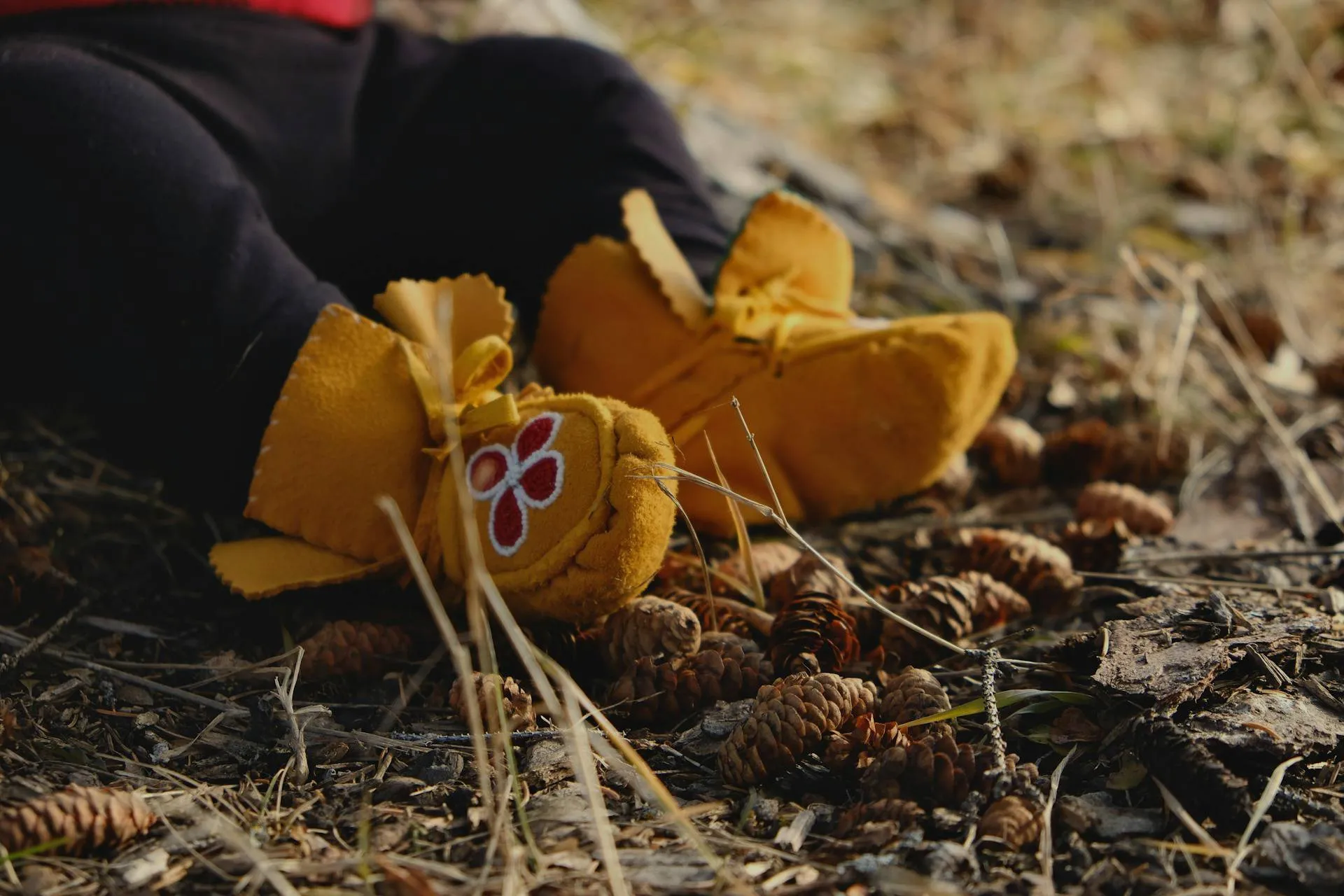 Close-up of yellow moccasin-style shoes with red and white embroidery worn by someone sitting on the ground covered in pine cones and dry grass.
