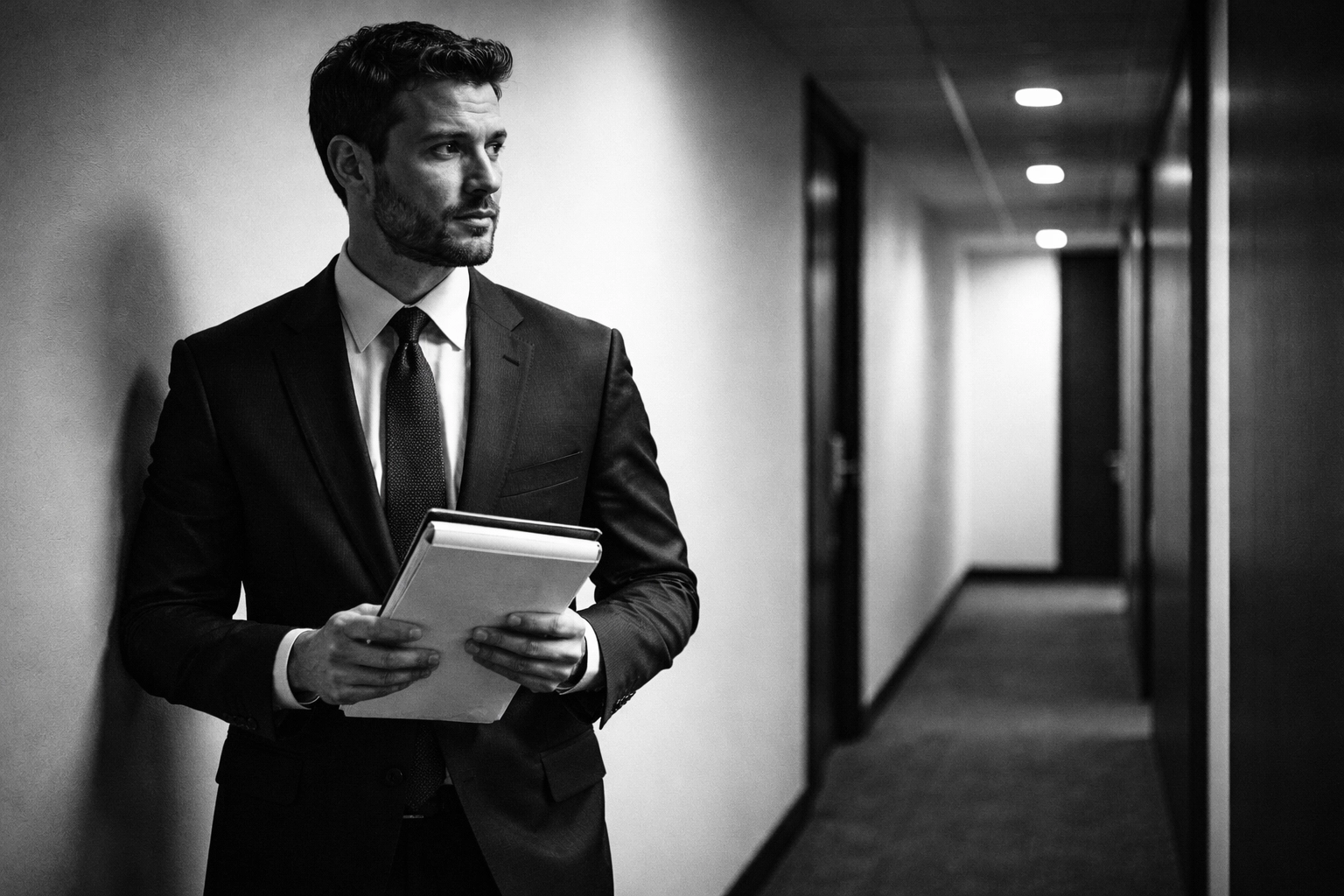 High-contrast black and white documentary photo of an attorney holding a legal pad in a hallway, candid, modern and minimal.