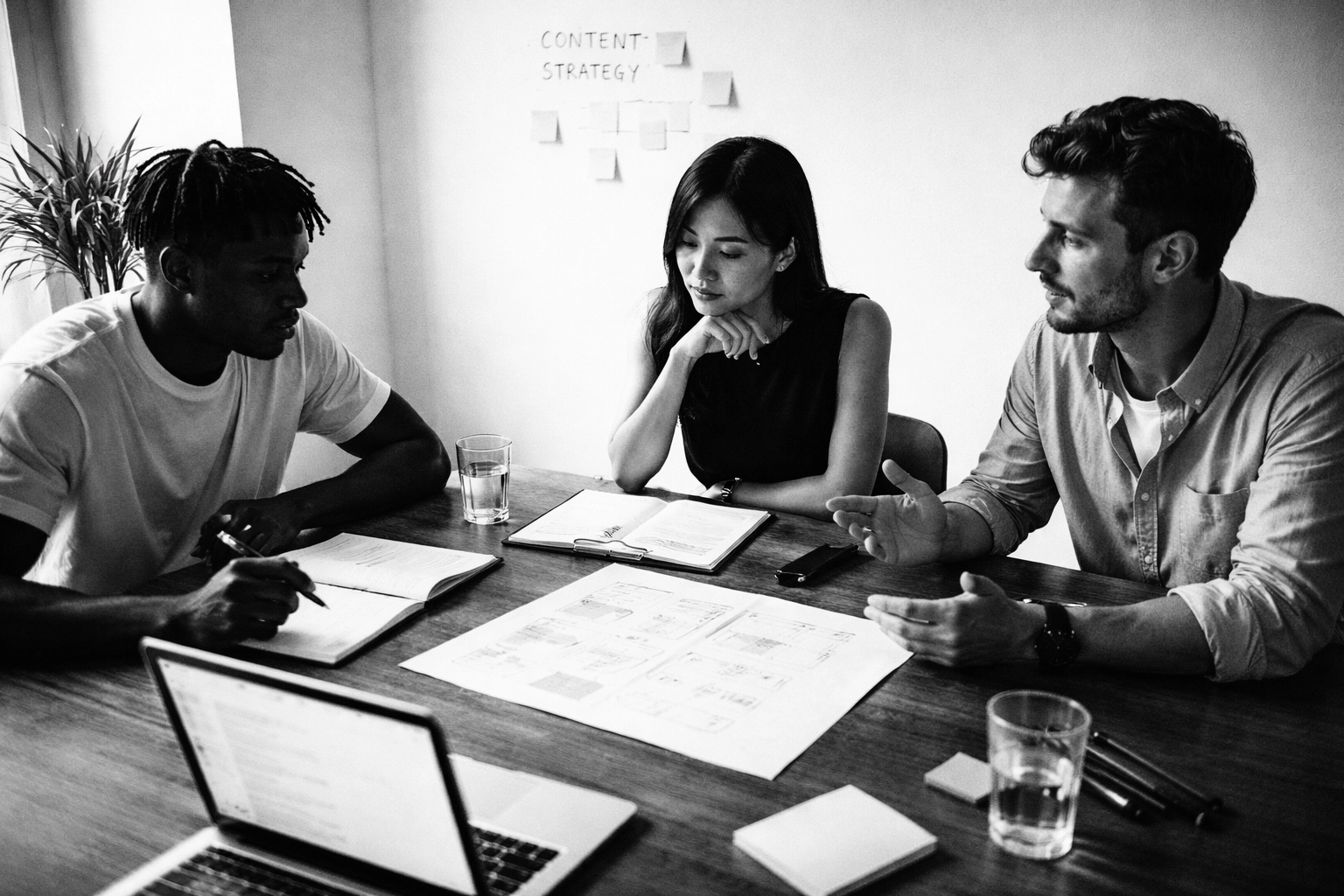 High-contrast black and white documentary photo of a small team planning content strategy around a table with a laptop, candid and minimal.